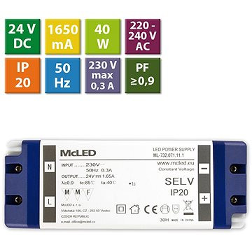 McLED Napájecí zdroj 40W, DC24V/1,65A, IP20, plastové provedení se svorkovnicí
