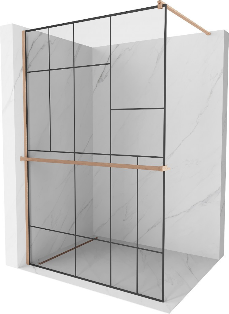 MEXEN/S - Kioto+ Sprchová zástena s poličkou WALK-IN 120 x 200 cm, čierna vzor, meď kartáčovaná 800-120-121-65-78