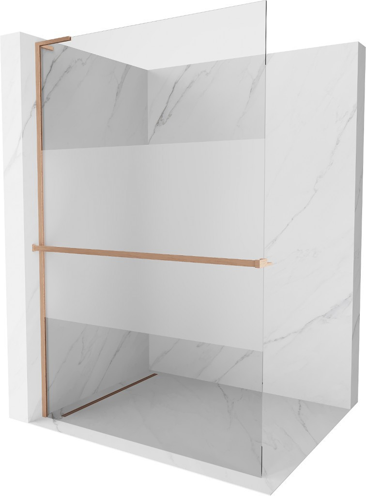 MEXEN/S - Kioto+ L Sprchová zástena WALK-IN s poličkou a držiakom uterákov 120 x 200 cm, transparent/dekor, meď kartáčovaná 800-120-123-65-35