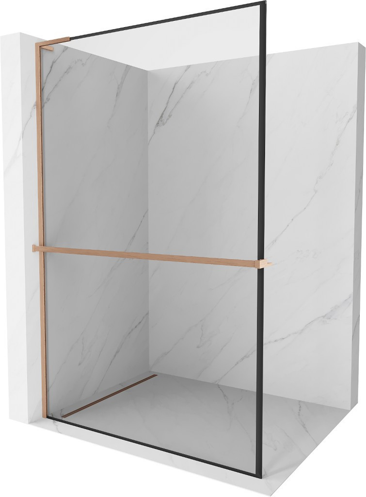 MEXEN/S - Kioto+ L Sprchová zástena WALK-IN s poličkou a držiakom uterákov 60 x 200 cm, čierny vzor, meď kartáčovaná 800-060-123-65-70