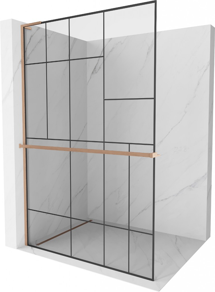 MEXEN/S - Kioto+ L Sprchová zástena WALK-IN s poličkou a držiakom uterákov 110 x 200 cm, čierny vzor, meď kartáčovaná 800-110-123-65-78
