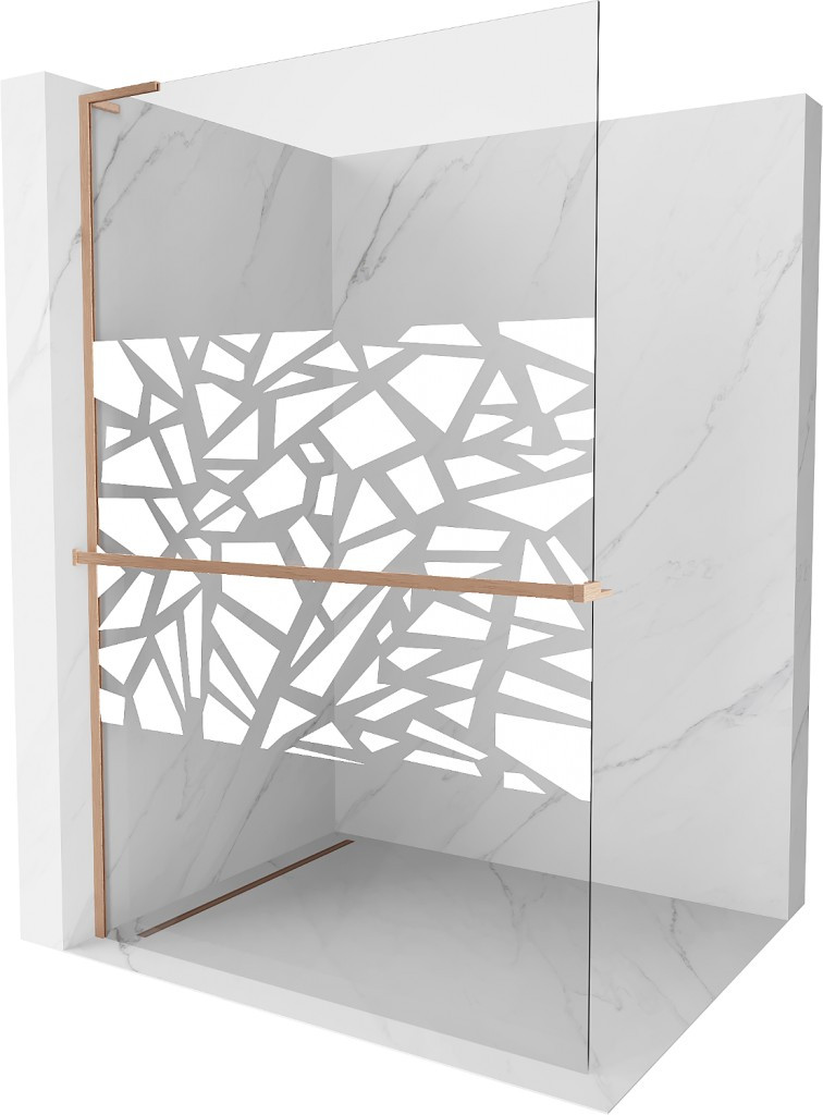MEXEN/S - Kioto+ L Sprchová zástena WALK-IN s poličkou a držiakom uterákov 100 x 200 cm, biely vzor, meď kartáčovaná 800-100-123-65-85