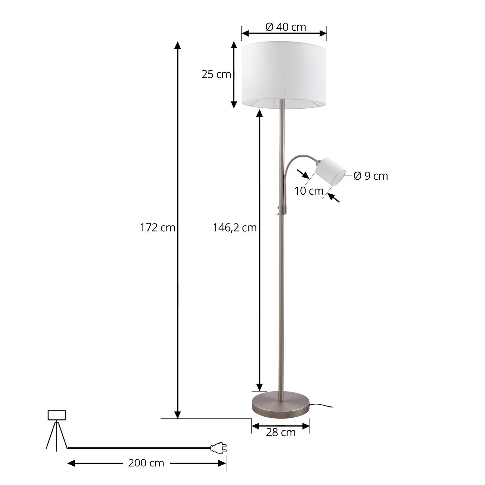 Stojacia lampa Lindby Jaileen, biela, textil, 170 cm, svetlo na čítanie