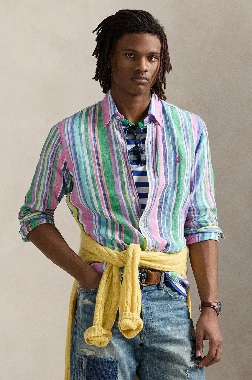 Ľanová košeľa Polo Ralph Lauren zelená farba, regular, s golierom button-down, 710968973