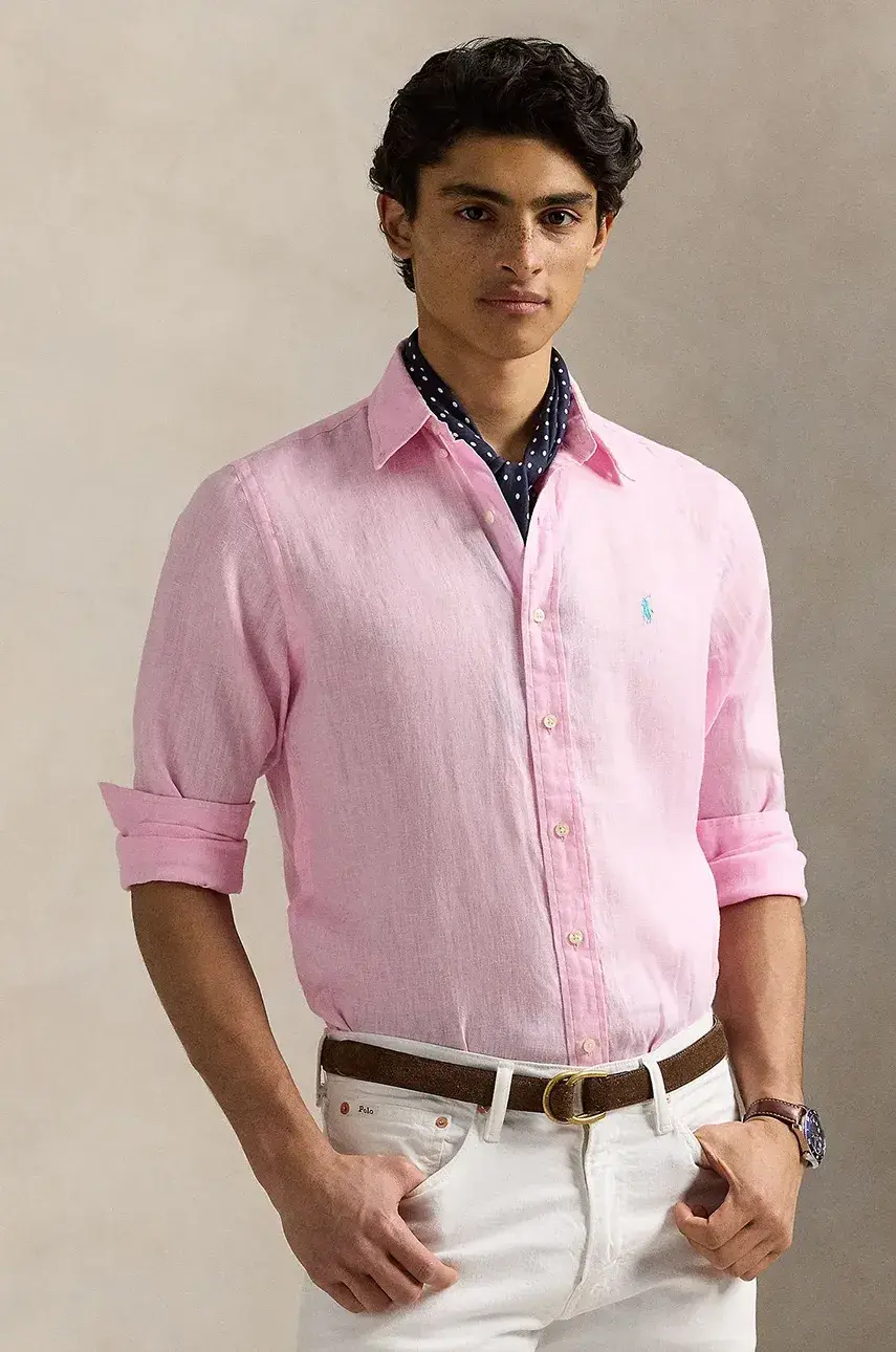 Ľanová košeľa Polo Ralph Lauren ružová farba, slim, s golierom button-down, 710968915