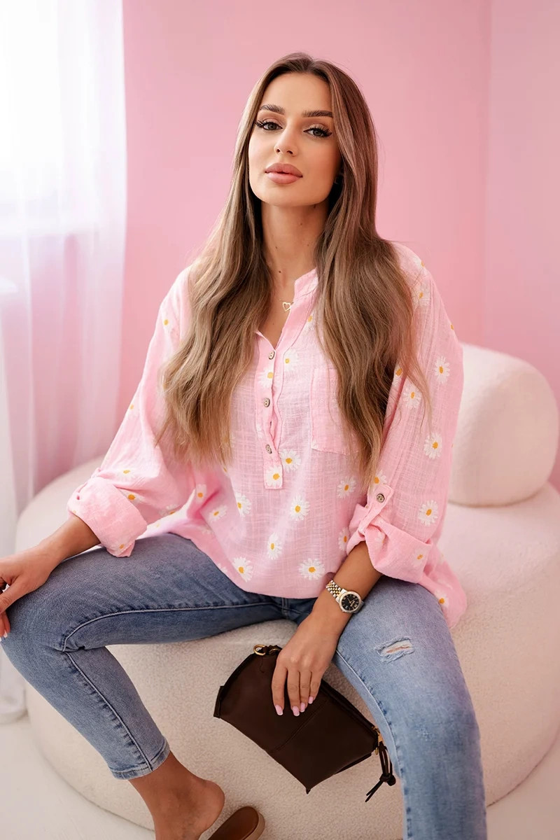Dámska ľanová blúzka s kvetinovým vzorom, dlhými rukávmi a gombíkmi Sugar pink UNI