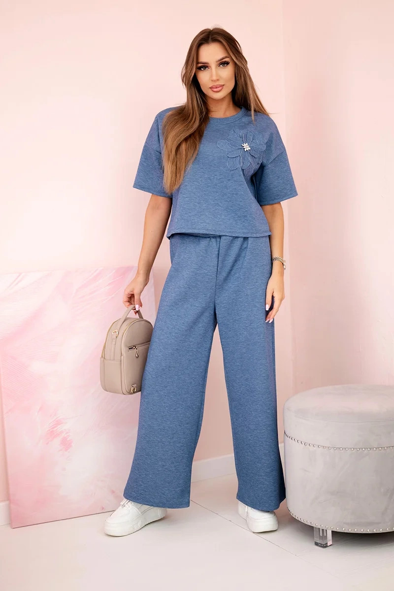 Súprava maslová blúzka s kvetom + nohavice denim melier UNI