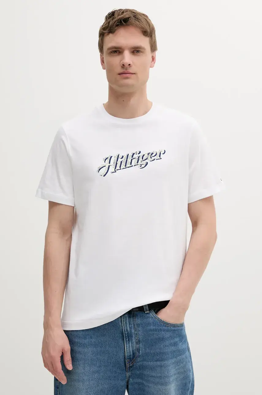 Bavlnené tričko Tommy Hilfiger pánske, biela farba, s nášivkou, MW0MW38642
