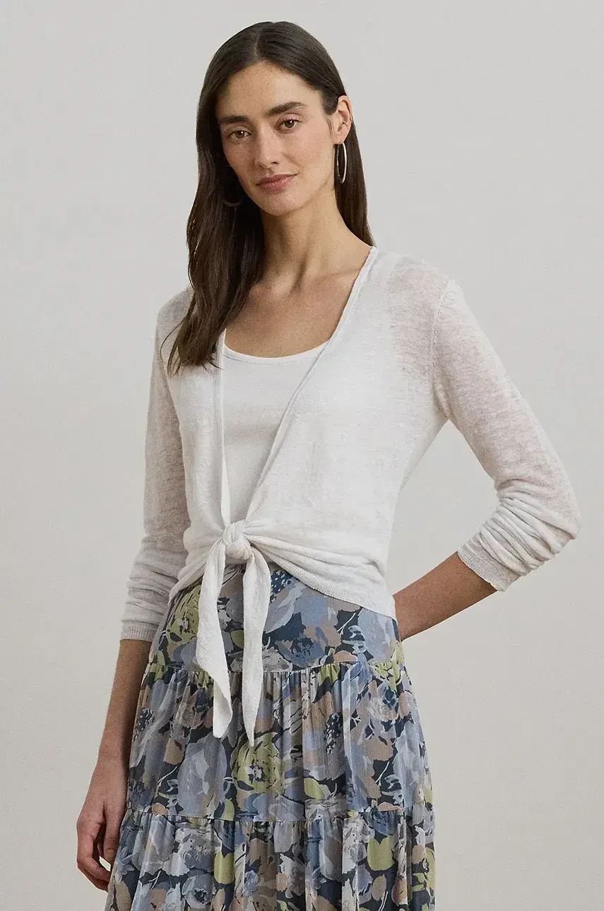 Ľanový kardigán Lauren Ralph Lauren biela farba, ľahké, 200963665