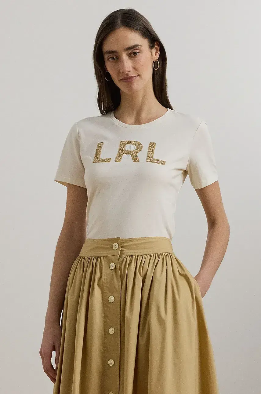 Bavlnené tričko Lauren Ralph Lauren dámske, béžová farba, 200963950