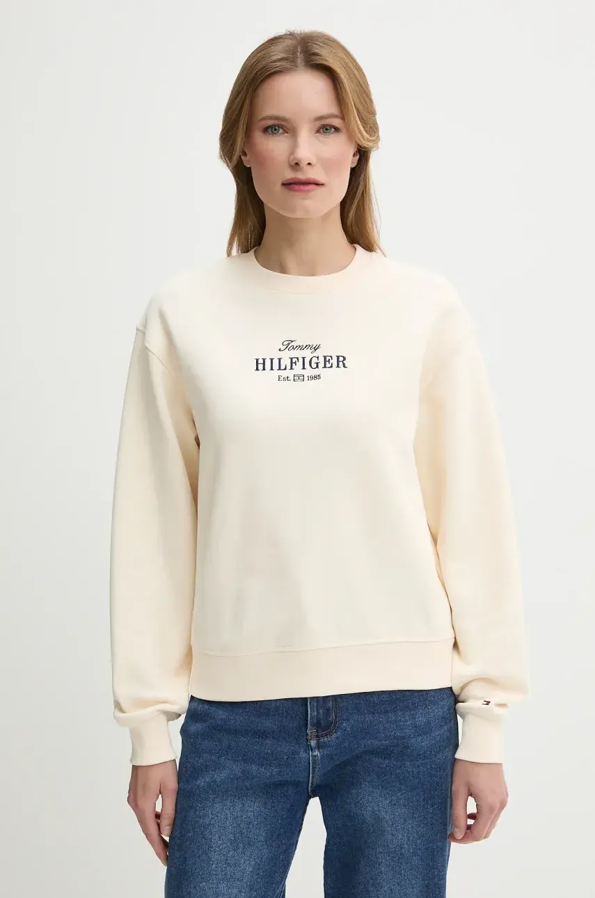 Bavlnená mikina Tommy Hilfiger béžová farba, s nášivkou, WW0WW44631