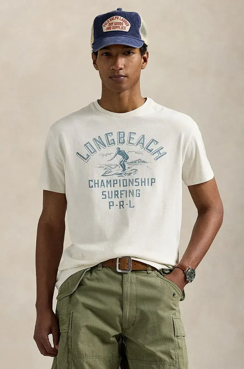 Bavlnené tričko Polo Ralph Lauren pánske, biela farba, s potlačou, 710966444