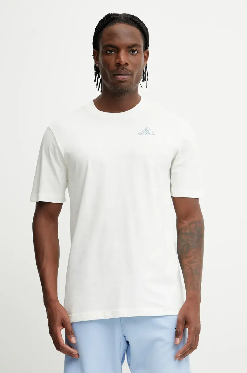 Bavlnené tričko adidas pánske, béžová farba, s potlačou, JI6756