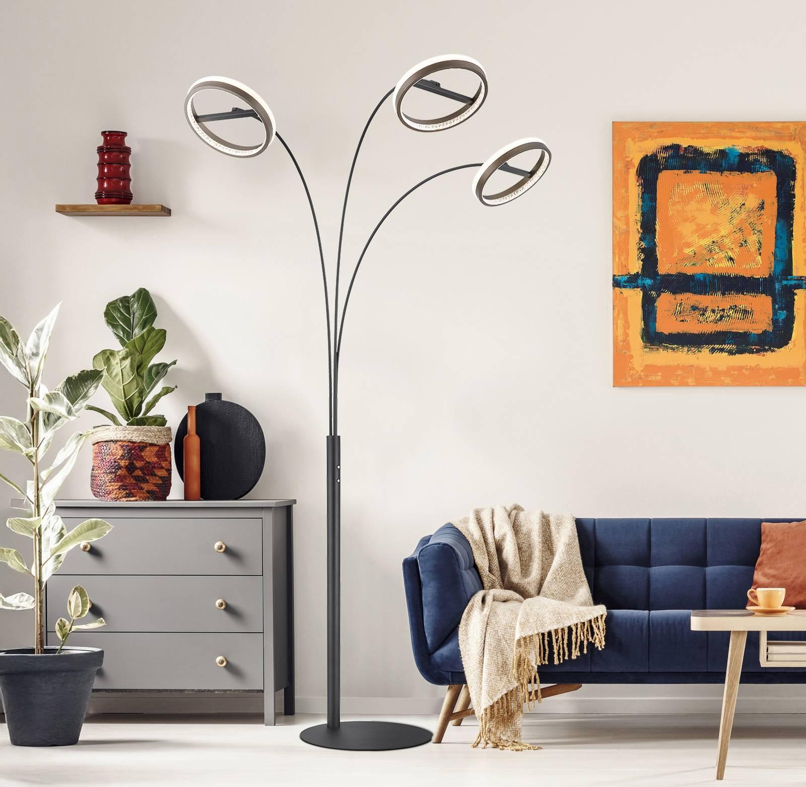 LED stojacia lampa Della, výška 190 cm, čierna/tmavosivá, 3-pl.