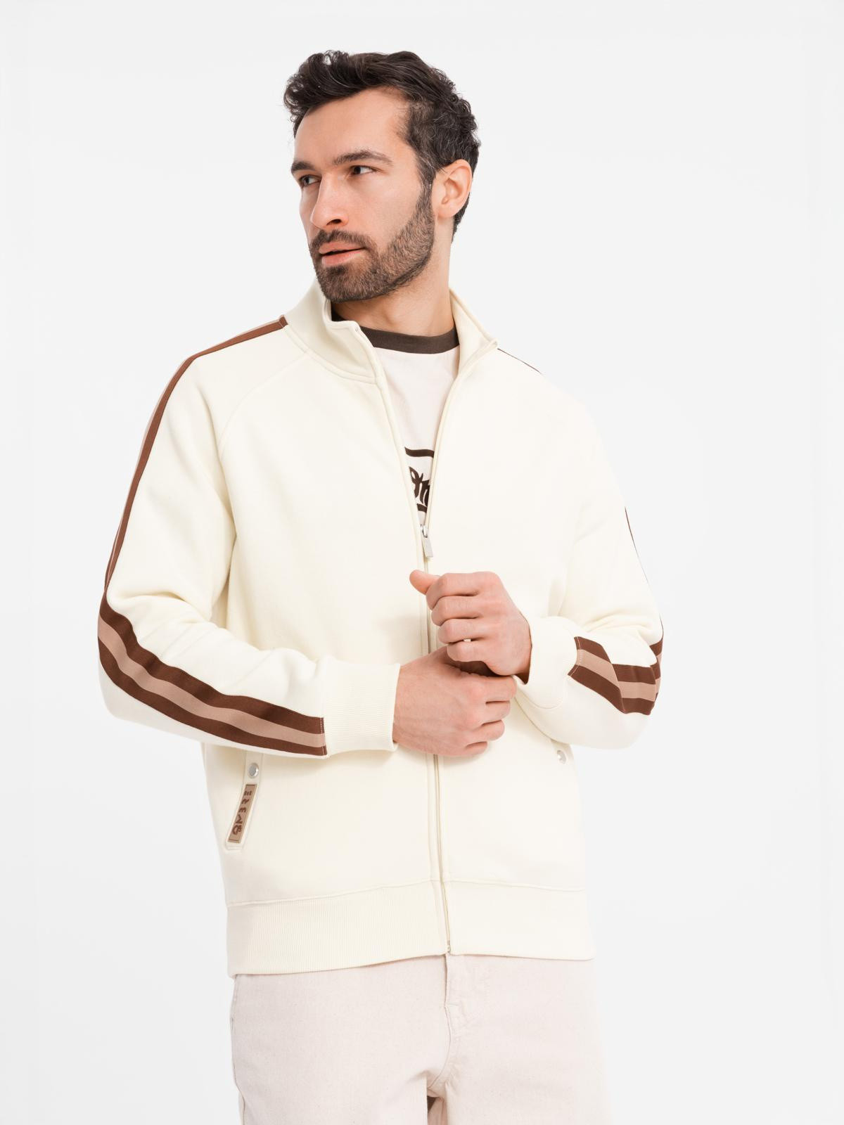 Ombre Men's sweatshirt with high collar and stripes - cream