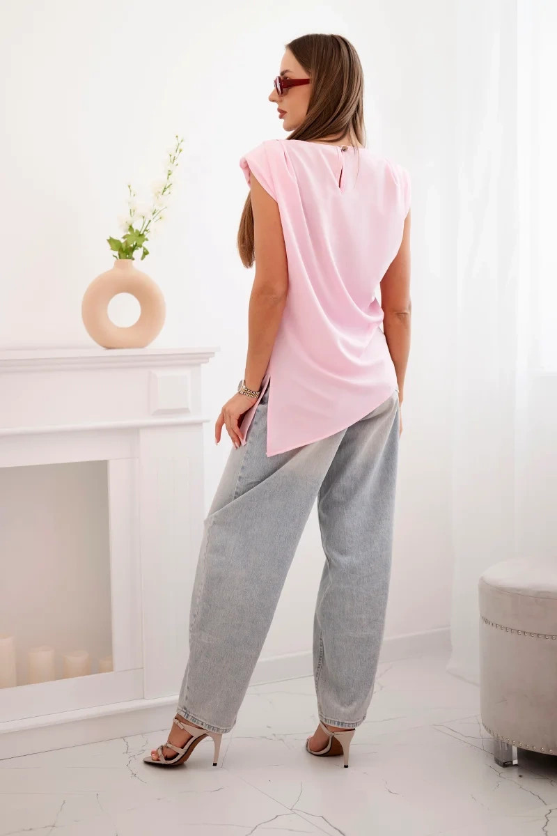 Elegantná blúzka s volánikmi a asymetrickým strihom Candy pink UNI