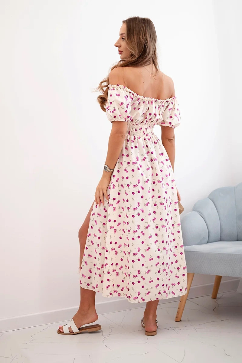 Dámske maxi šaty s kvetmi a lopatkami béžová+fialová UNI