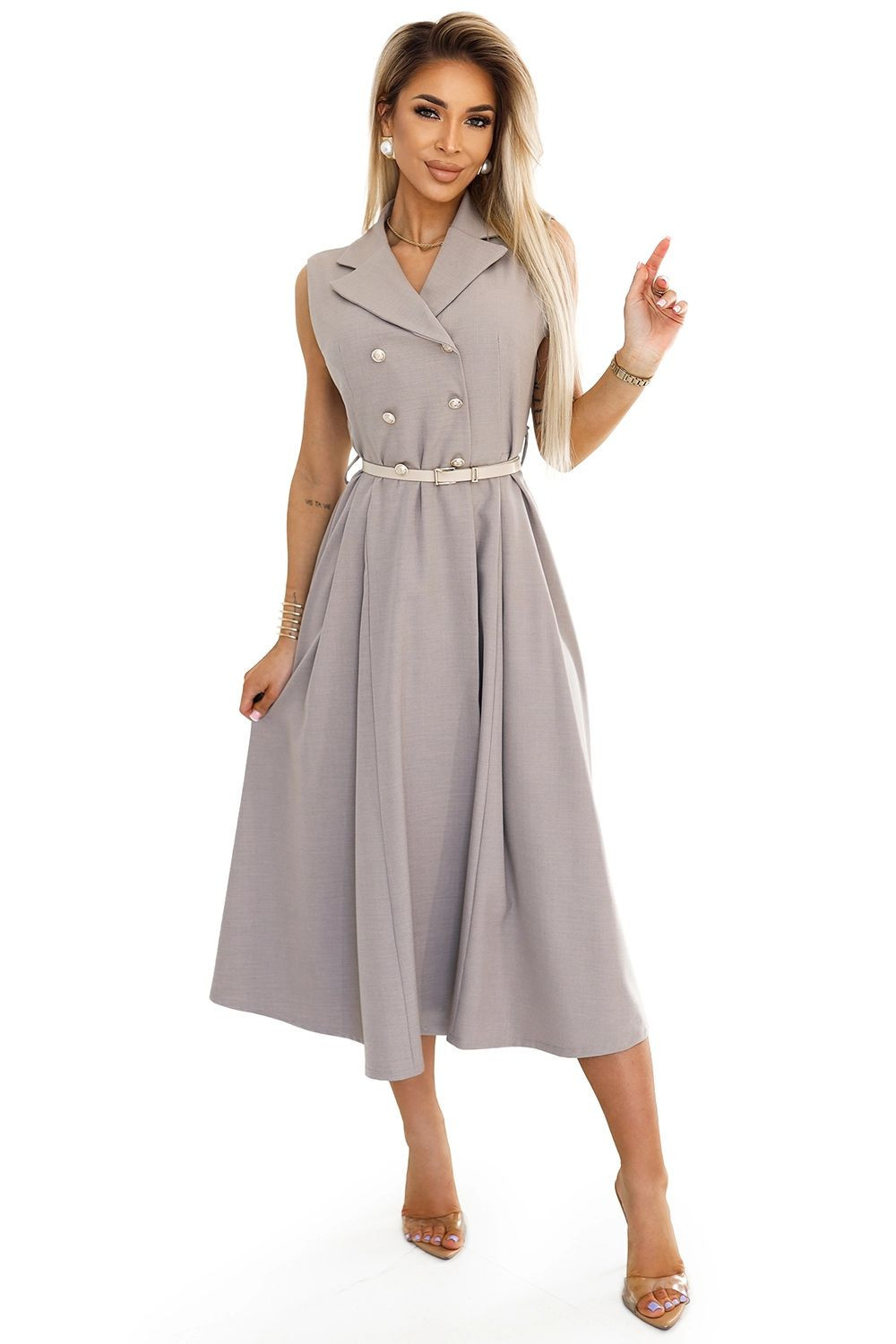 596-2 Elegantná midi košeľa so zlatými gombíkmi a opaskom - GREY BEige UNI