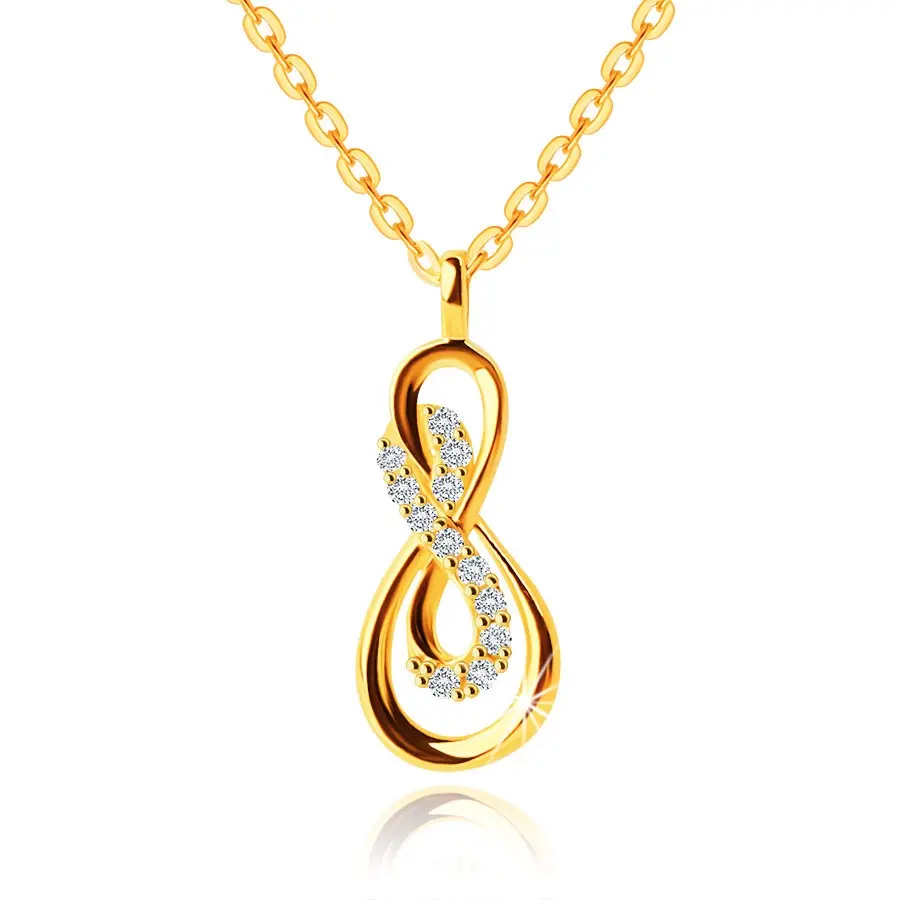 14K náhrdelník v žltom zlate - symbol prepletené nekonečno, číre zirkóny, ploché očká