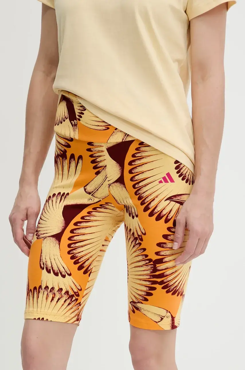 Šortky adidas x Farm Rio dámske, žltá farba, vzorované, vysoký pás, JD6287