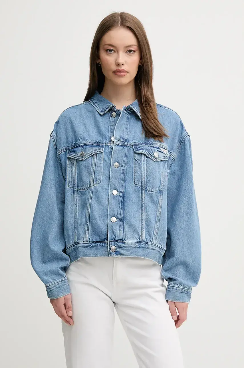Rifľová bunda Calvin Klein Jeans prechodná, oversize, J20J225182
