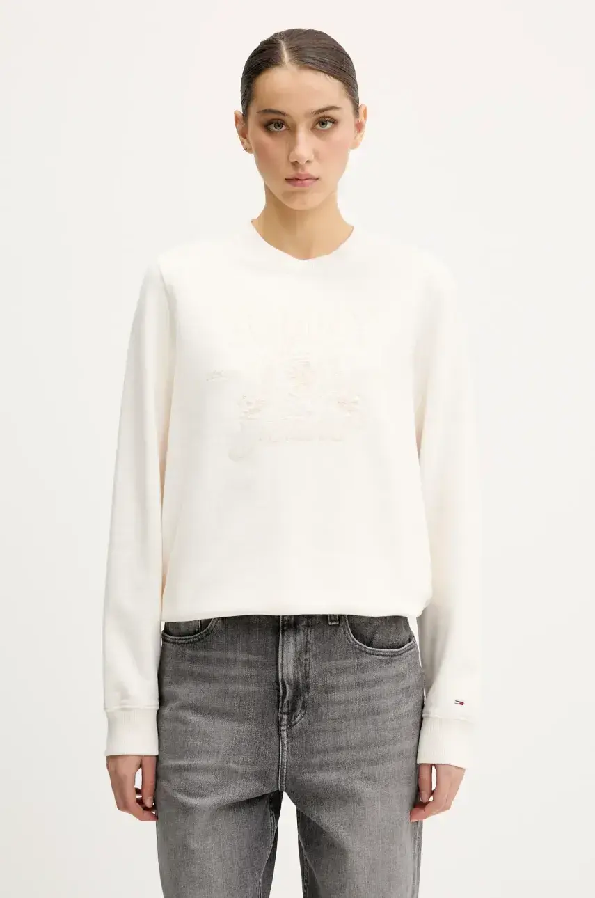Bavlnená mikina Tommy Jeans béžová farba, s nášivkou, DW0DW20637