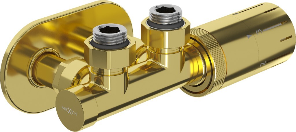 MEXEN/S - G05 uhlová termostatická súprava pre radiátor + krycia rozeta R, Duplex, DN50, zlatá W907-958-905-50