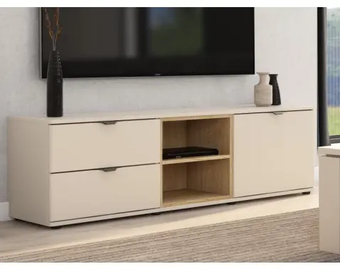 TV skrinka so zásuvkami Avola, 140 cm, béžová kašmír/dub cremona%