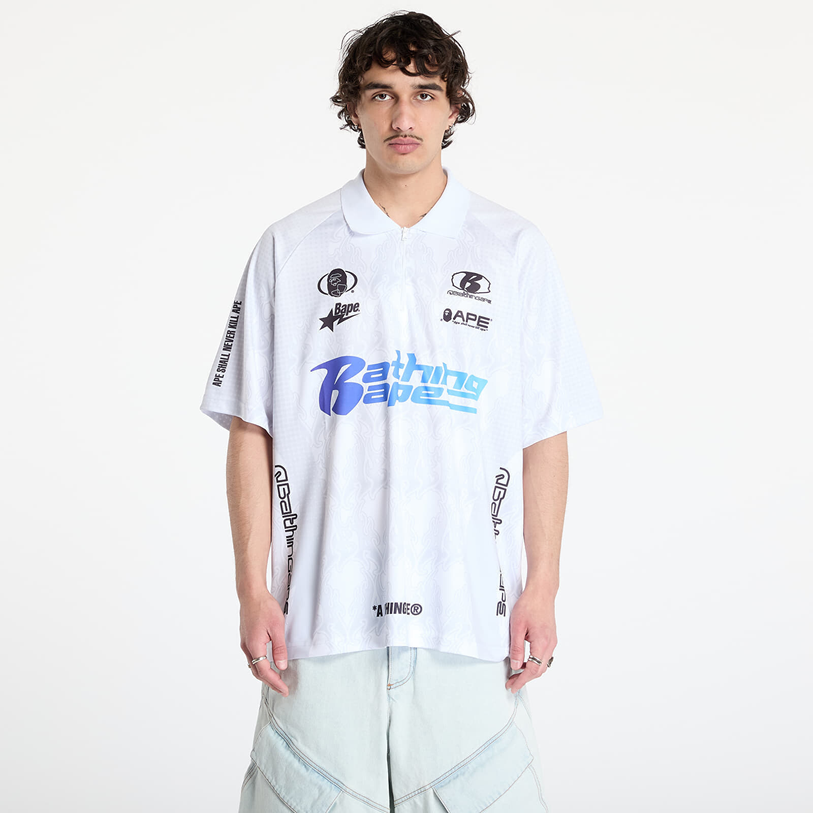 Tričko A BATHING APE Flame Pattern Overall Print Half Zip Relax Fit Polo Shirt UNISEX White M