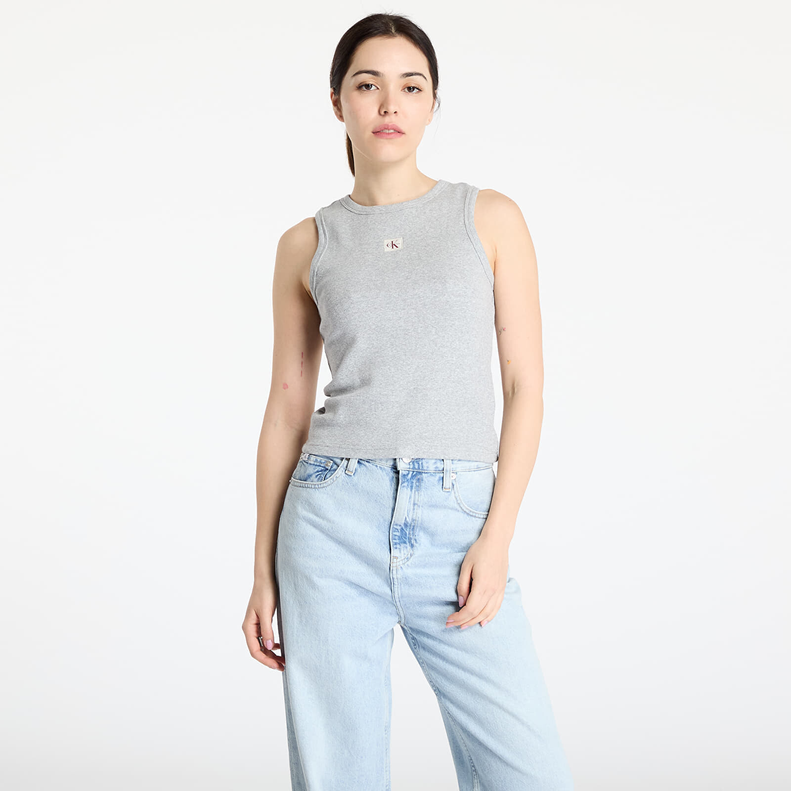 Tielko Calvin Klein Jeans A - Woven Label 2X2 Tank Top Gray M