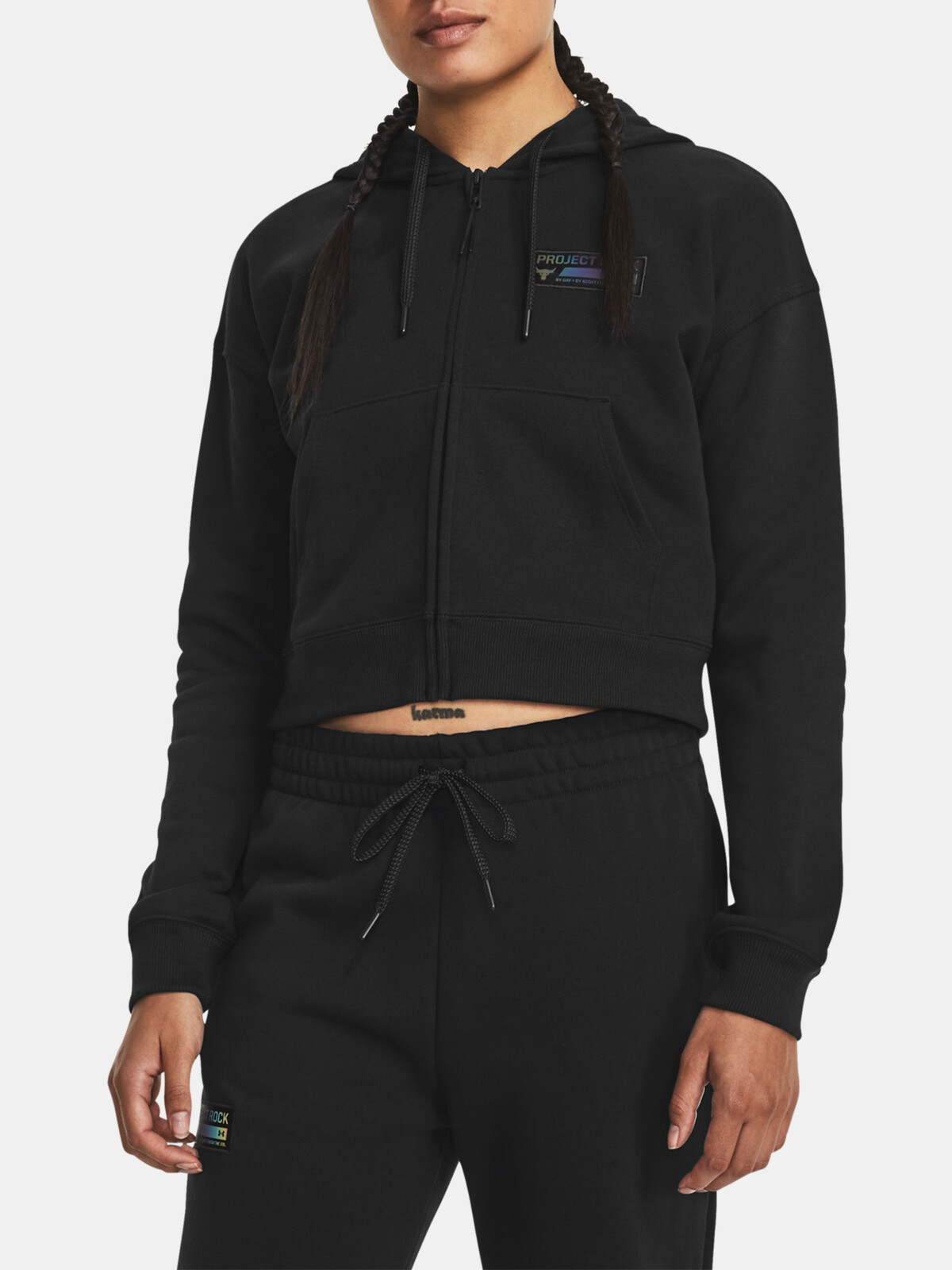 Čierna crop top mikina Under Armour Pjt Rck HW Terry FZ Q4-BLK