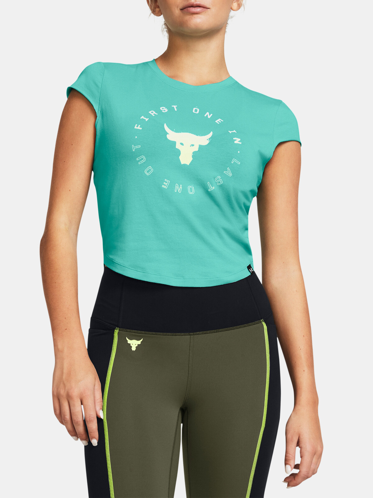 Tyrkysové športové crop top tričko Under Armour Pjt Rck Nght Shft Cap T Q4