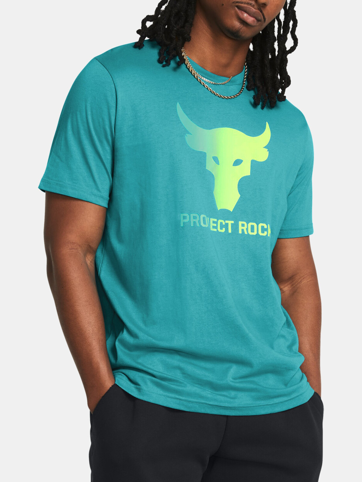 Tyrkysové pánske tričko Under Armour UA Pjt Rck Payoff Graphc SS