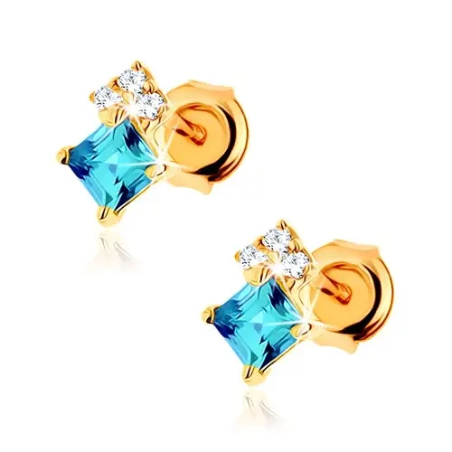 Náušnice zo žltého 14K zlata, štvorcový modrý topás, číre zirkóniky