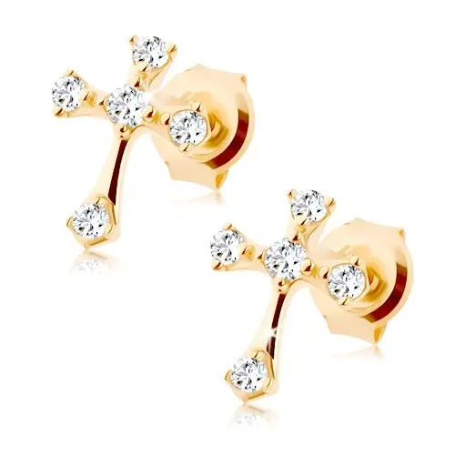 Náušnice zo žltého 9K zlata - malý latinský kríž zdobený čírymi zirkónmi