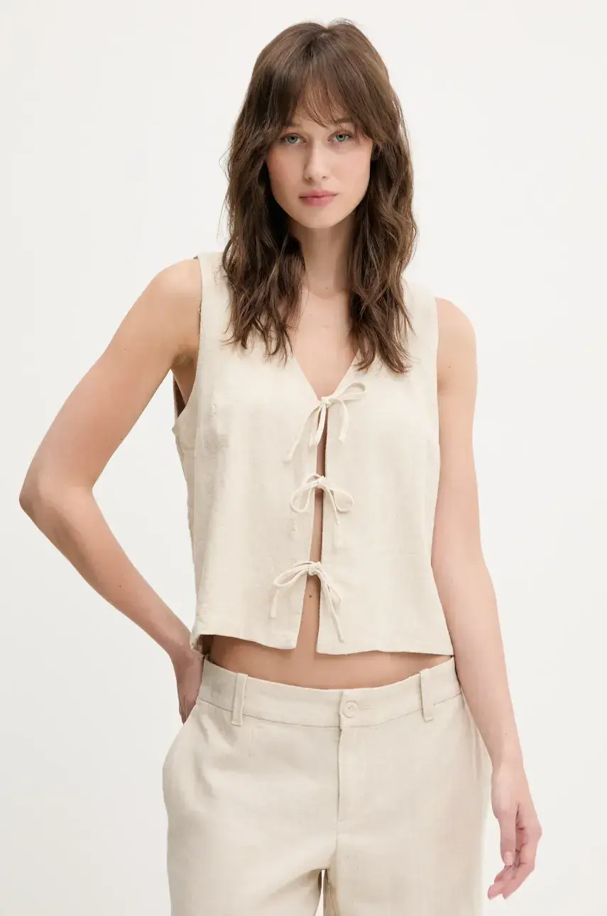 Ľanová vesta Hollister Co. béžová farba, jednoradová, KI340-5068