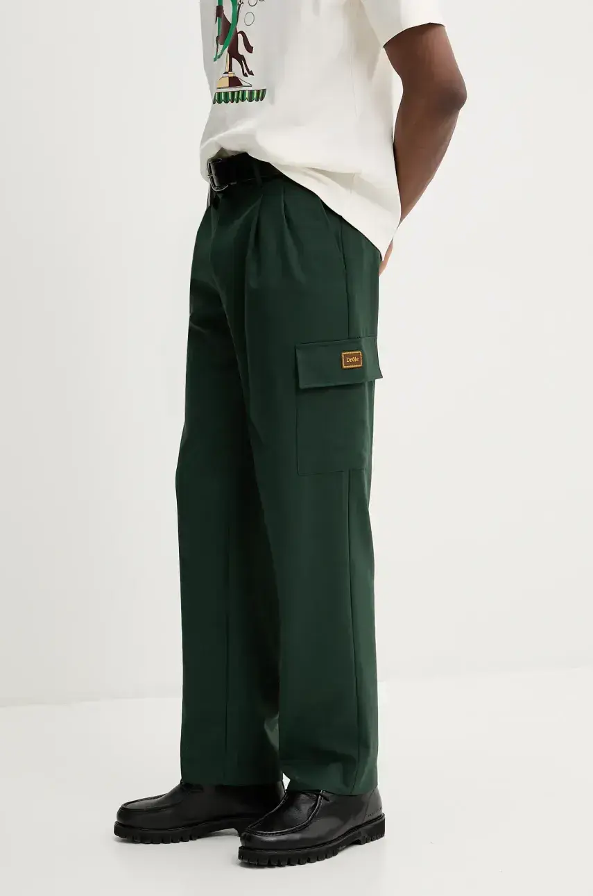 Nohavice s prímesou vlny Drôle de Monsieur Le Pantalon Cargo Laine zelená farba, rovný strih, G-BP148-PL127-FGN