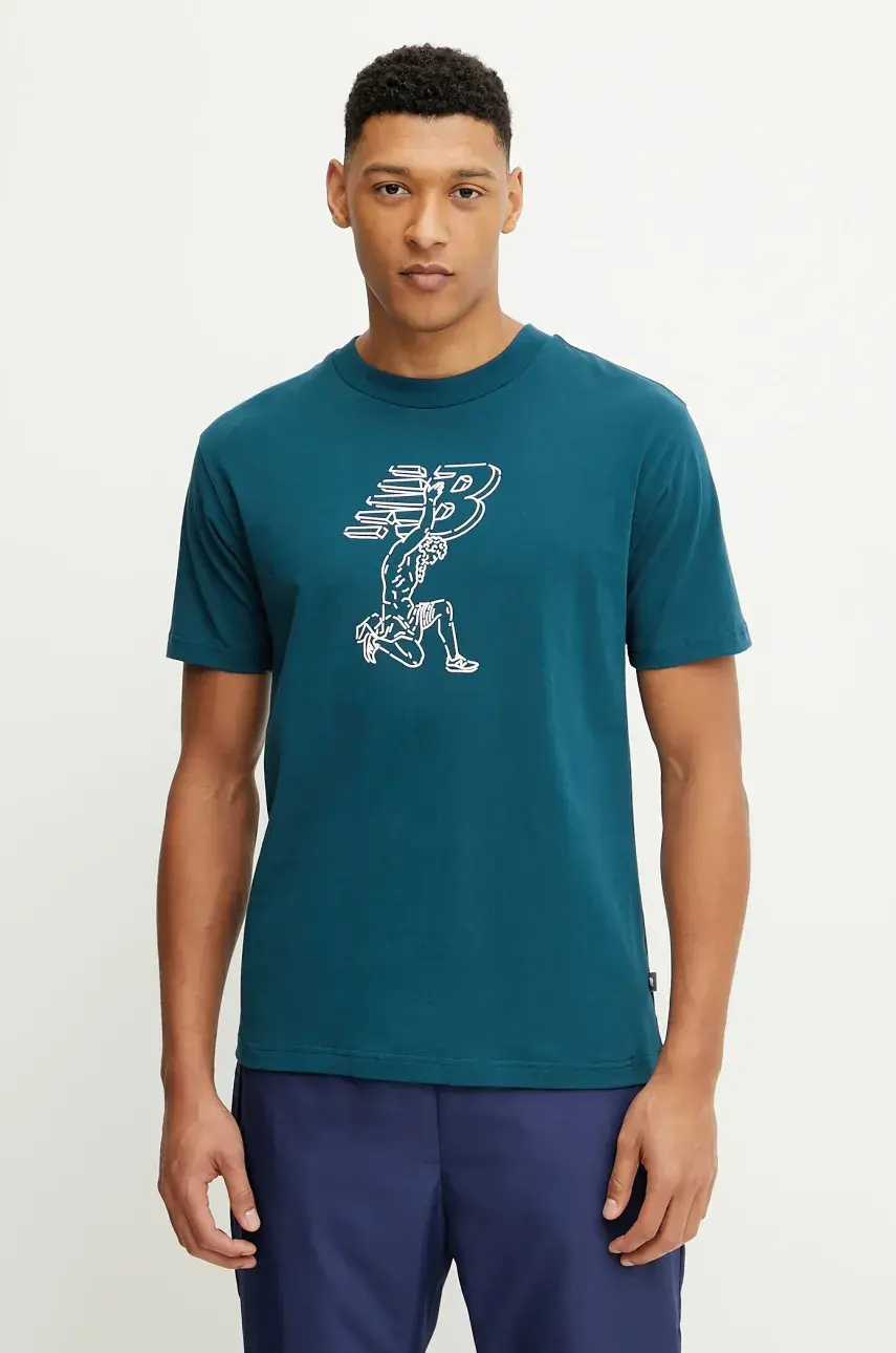 Bavlnené tričko New Balance pánske, tyrkysová farba, s potlačou, MT51978DOE