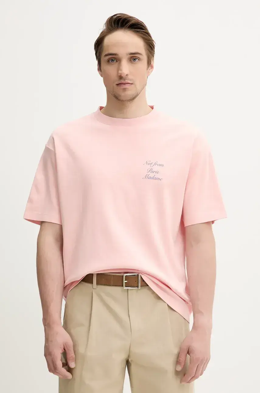 Bavlnené tričko Drôle de Monsieur Le T-Shirt Slogan Cursive pánske, ružová farba, s potlačou, G-TS209-CO002-LPI