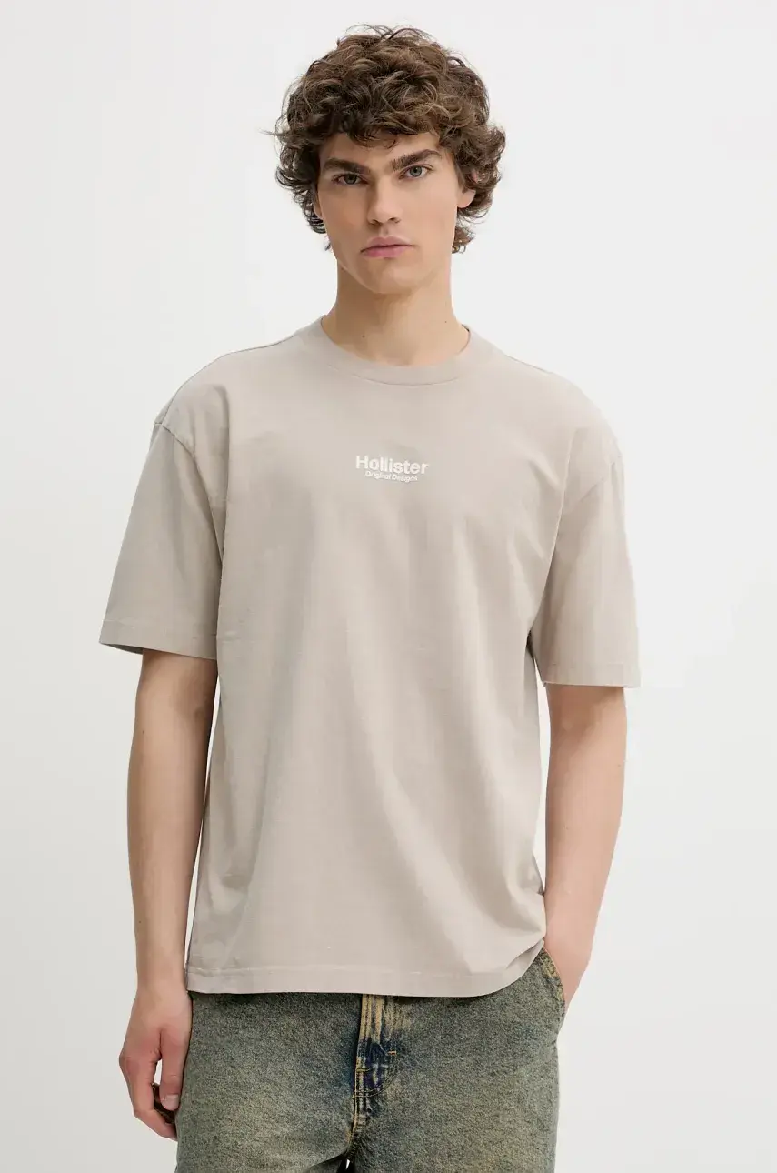 Bavlnené tričko Hollister Co. pánske, béžová farba, s nášivkou, KI323-5007