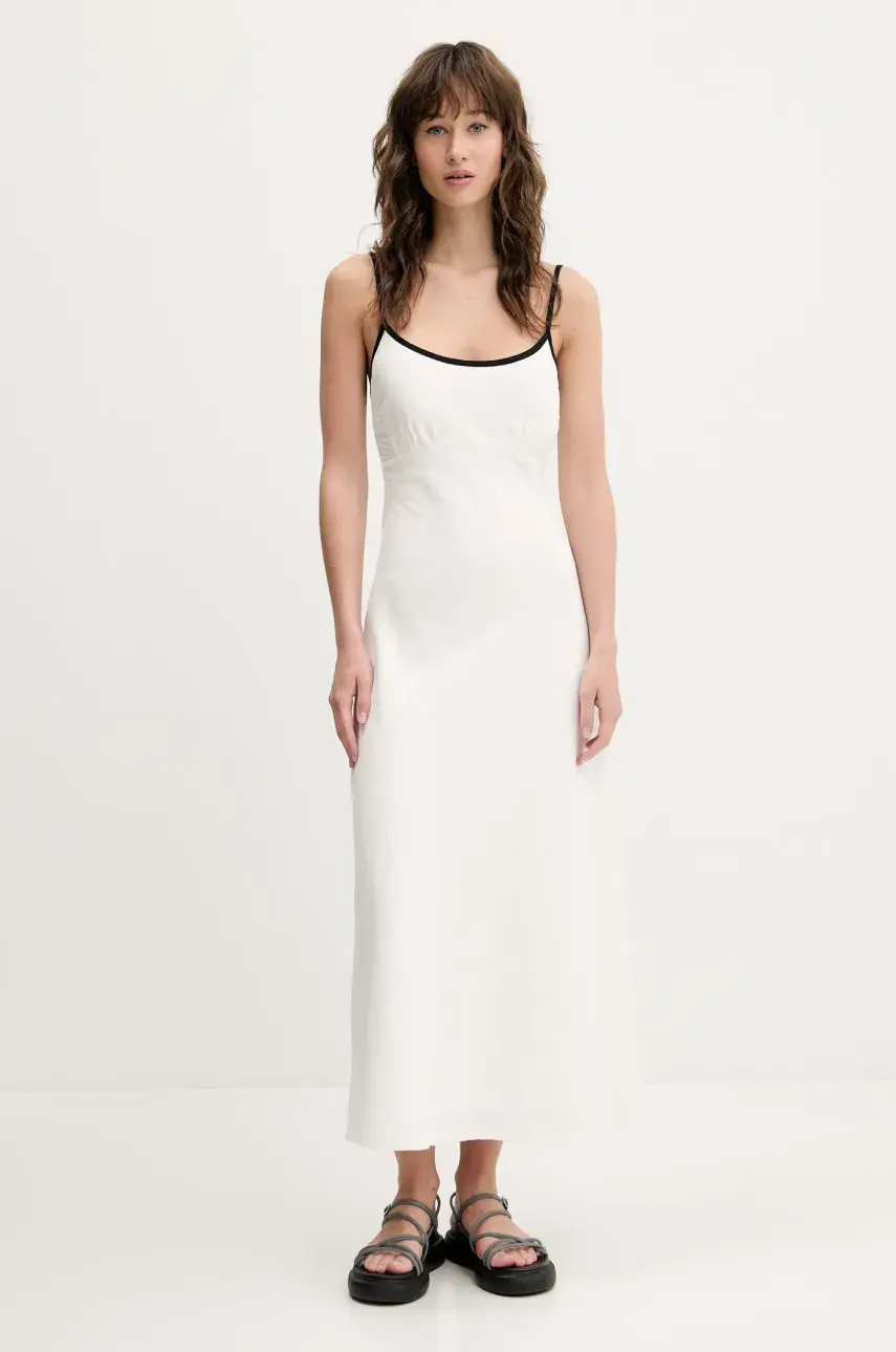 Ľanové šaty Hollister Co. béžová farba, maxi, rovný strih, KI359-5049