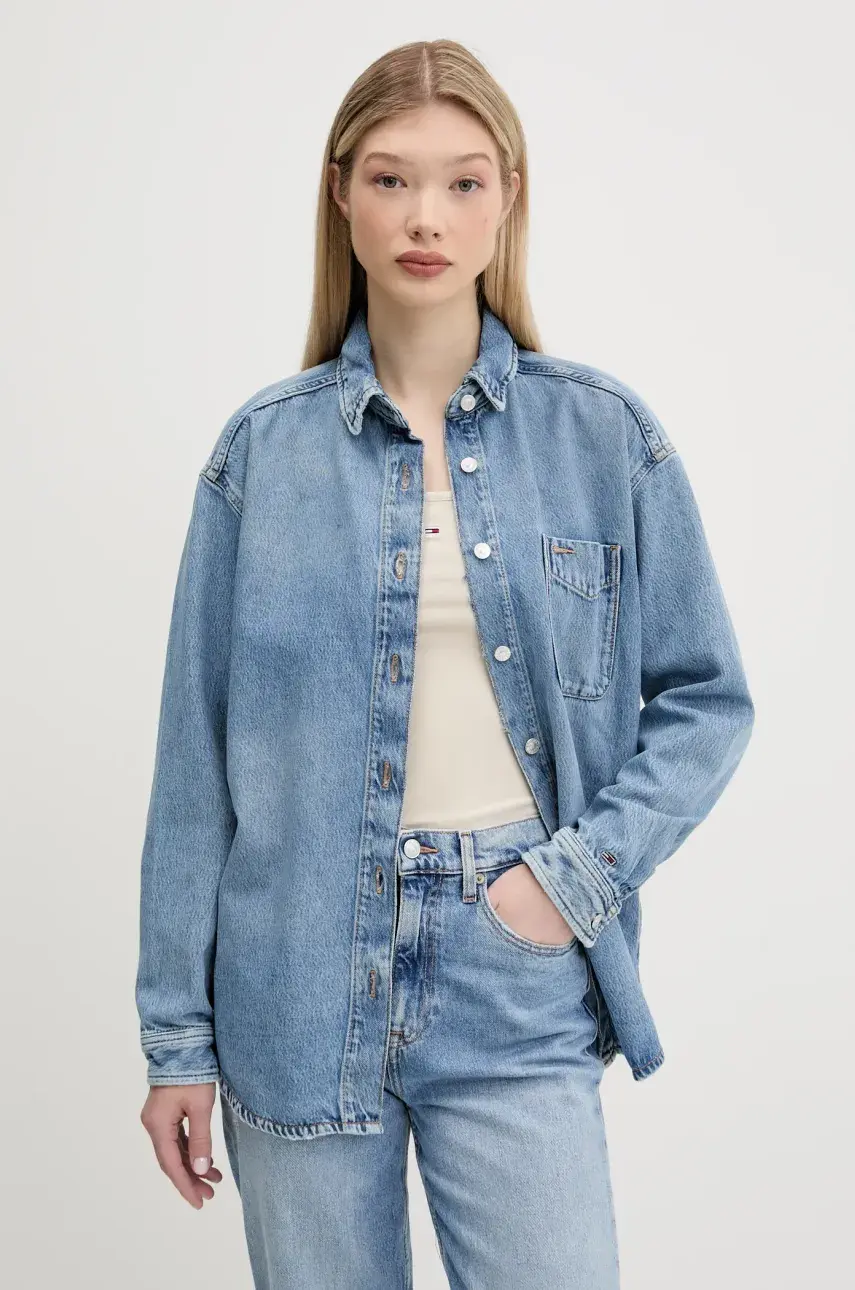 Rifľová košeľa Tommy Jeans voľný strih, s klasickým golierom, DW0DW20365