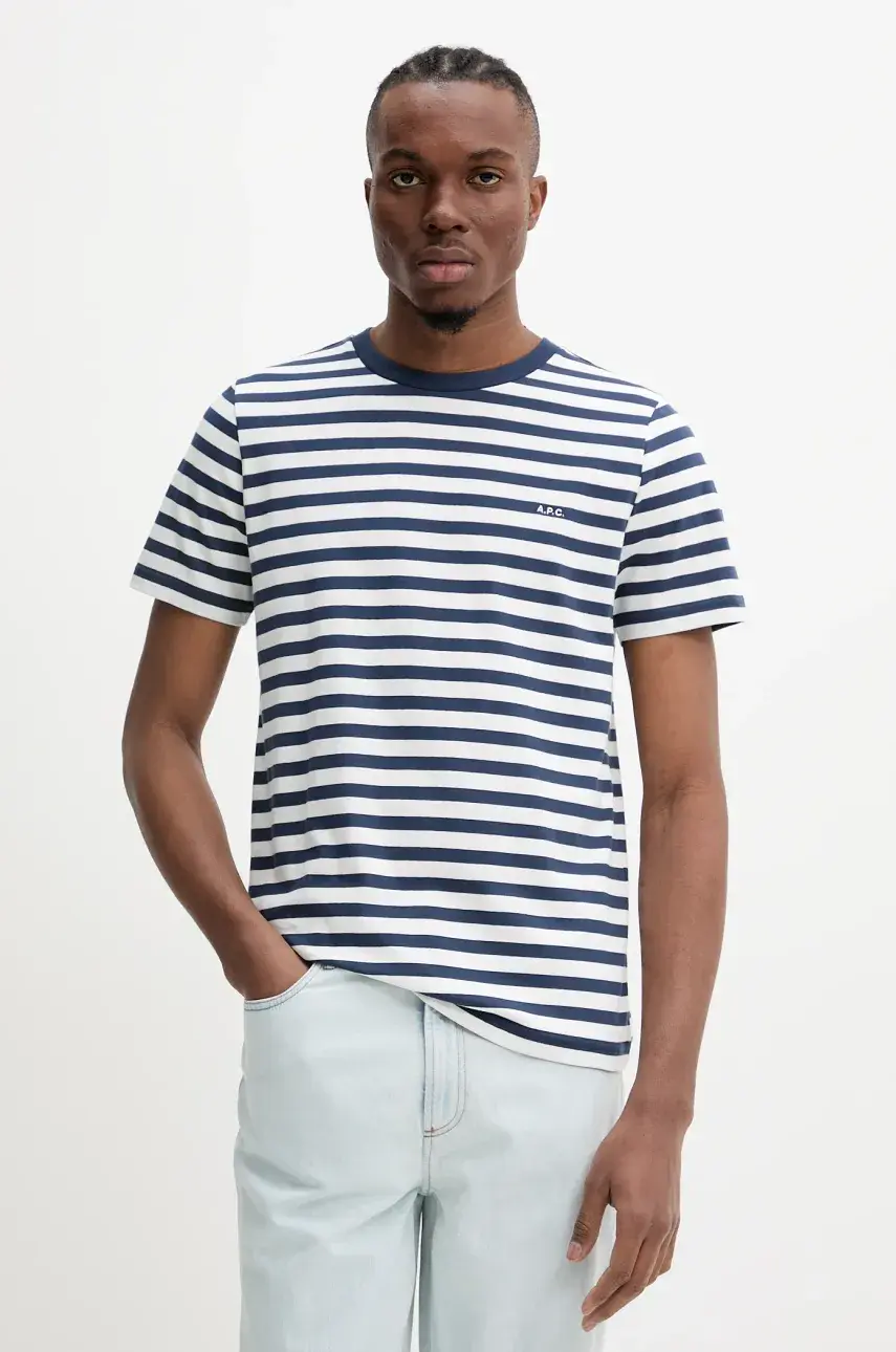 Bavlnené tričko A.P.C. t-shirt standard apc brode raye pánske, tmavomodrá farba, vzorovaná, COHBZ.M26419