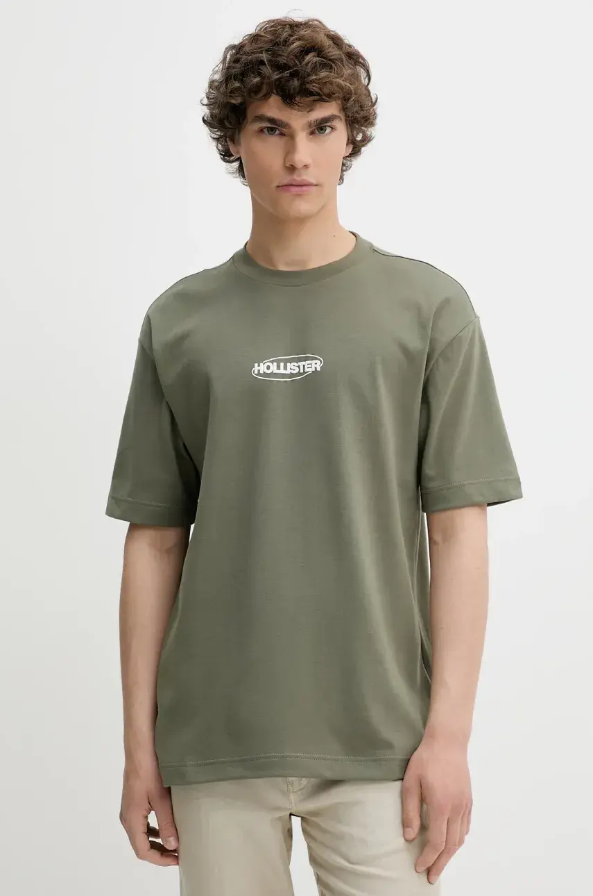 Tričko Hollister Co. pánske, zelená farba, s nášivkou, KI323-5272