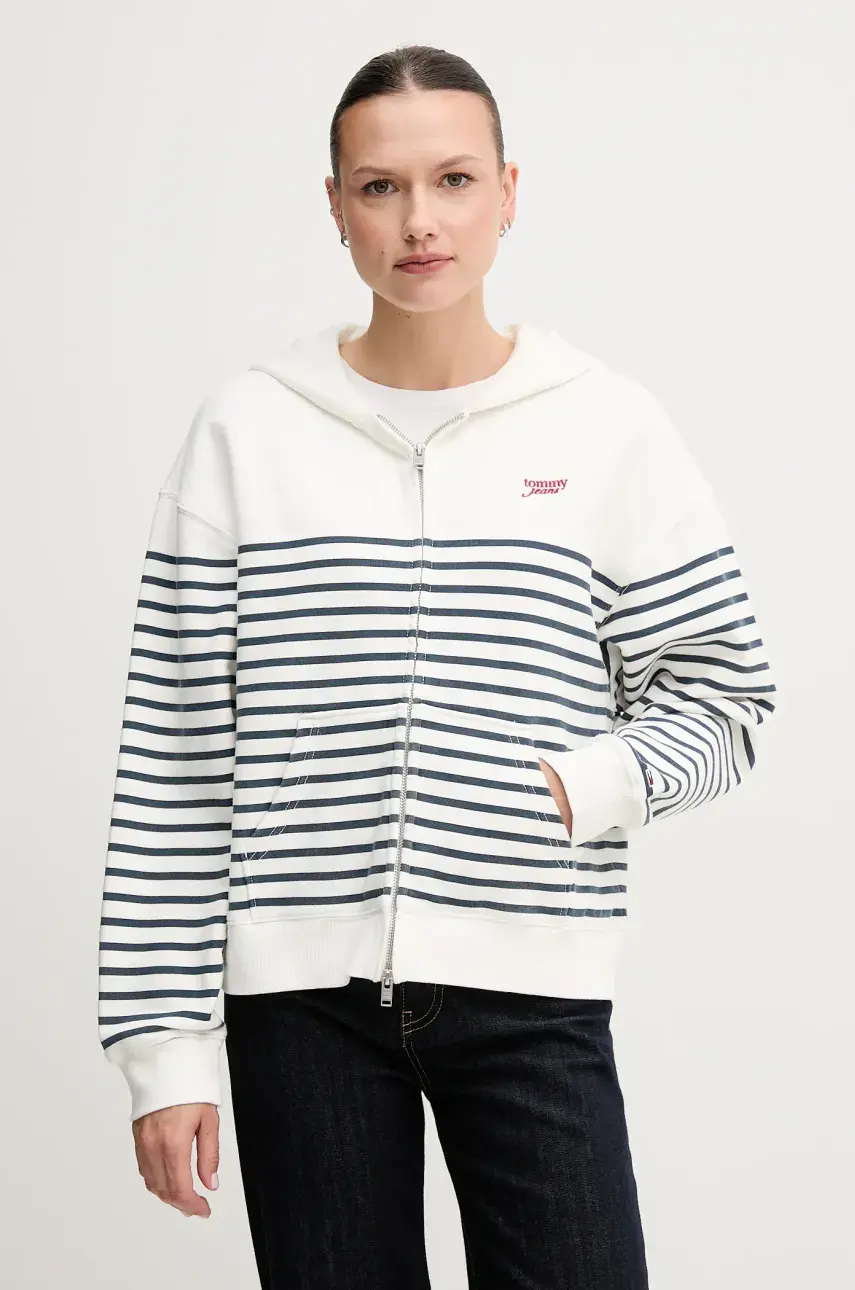 Bavlnená mikina Tommy Jeans biela farba, s kapucňou, vzorovaná, DW0DW20303