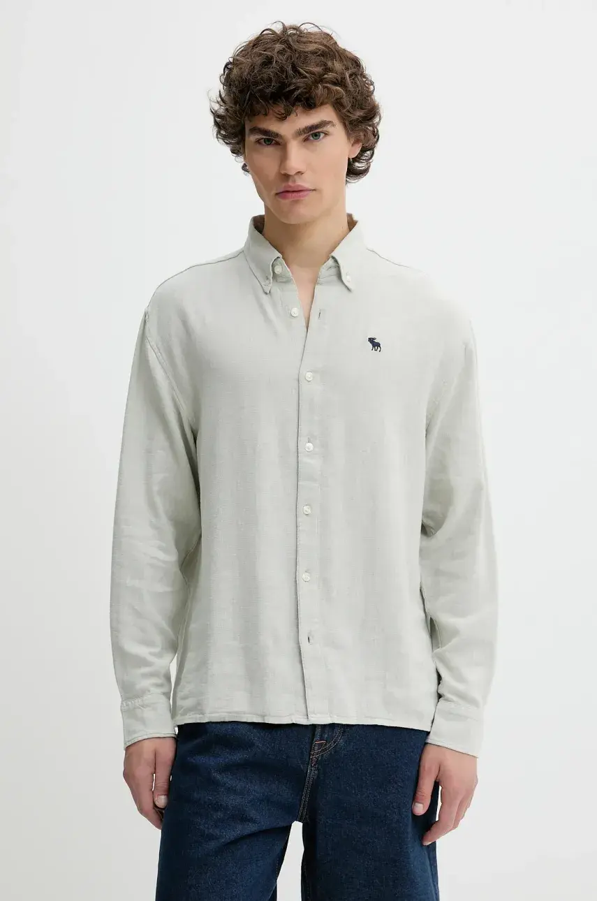 Ľanová košeľa Abercrombie & Fitch šedá farba, regular, s golierom button-down, KI125-5085