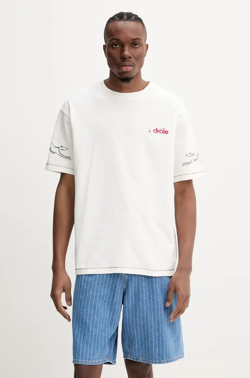 Bavlnené tričko Drôle de Monsieur Le T-Shirt Club House pánske, béžová farba, s nášivkou, G-TS240-CO134-OW