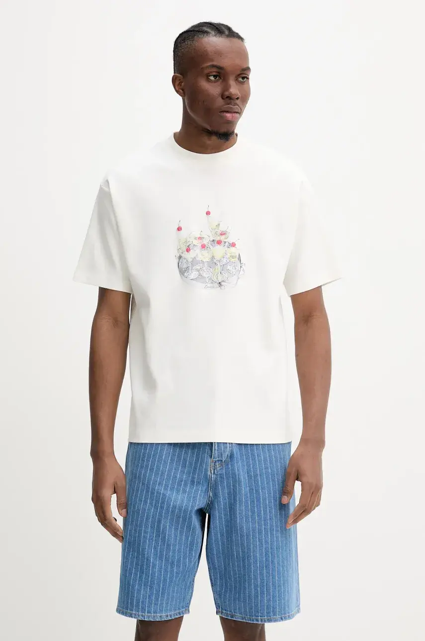 Bavlnené tričko Drôle de Monsieur Le T-Shirt Cocktails pánske, béžová farba, s potlačou, G-TS237-CO002-OW