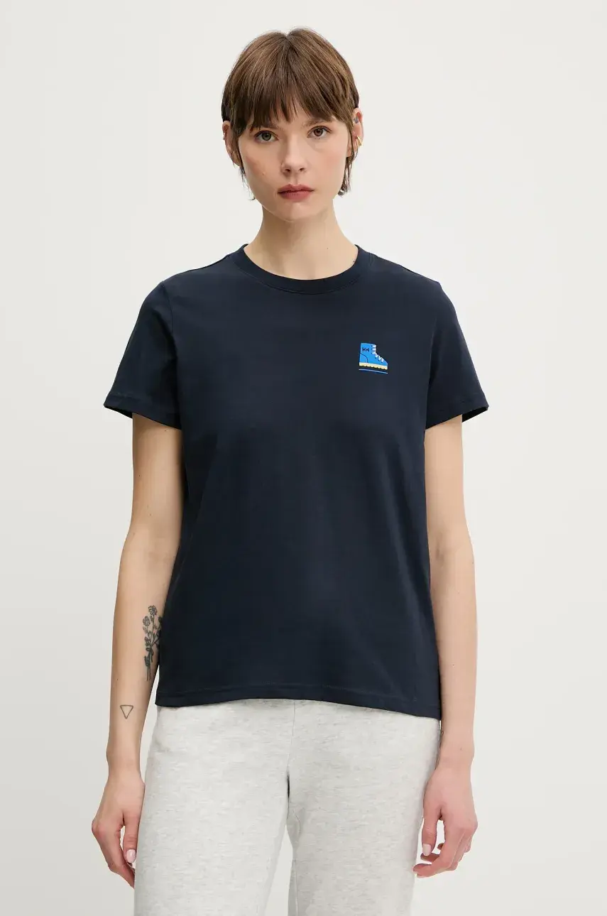 Bavlnené tričko Helly Hansen MASSIF GRAPHIC dámske, tmavomodrá farba, 54595