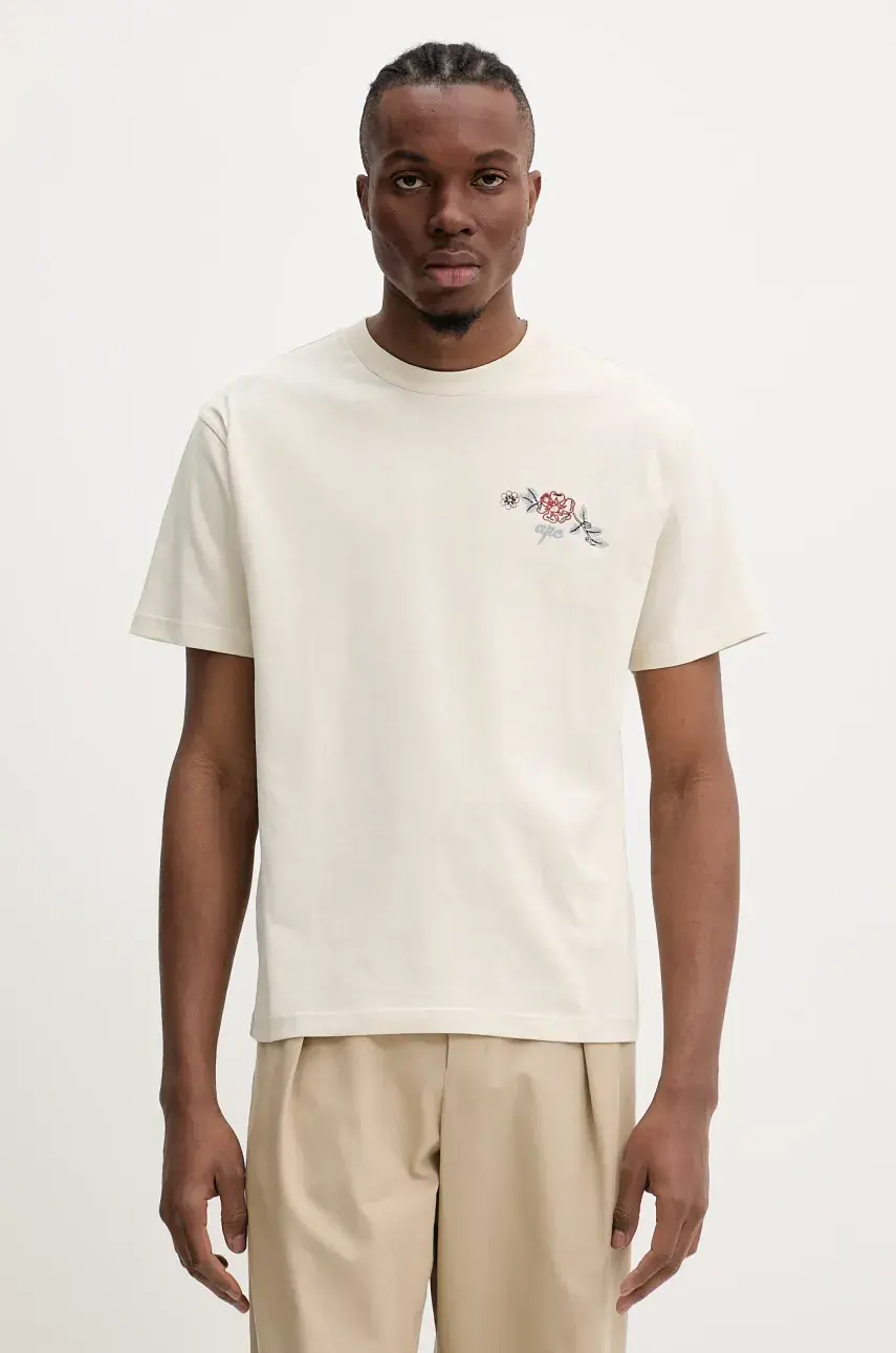 Bavlnené tričko A.P.C. t-shirt oscar pánske, béžová farba, s nášivkou, COGCK.H26511
